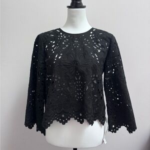 EUC Theory Black Eyelet Crochet Long Sleeve Blouse Top Sz P